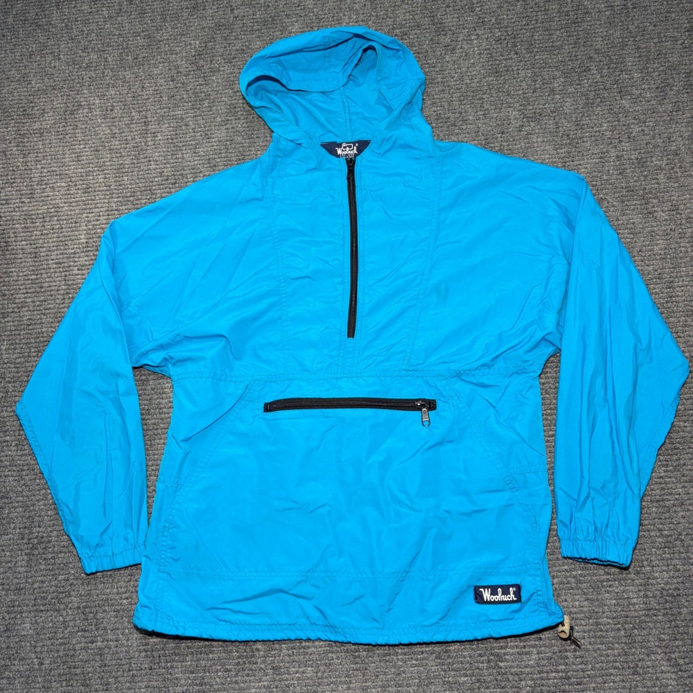 Vintage Woolrich Anorak Windbreaker Womens Small Blue Half Zip Pullover USA Made